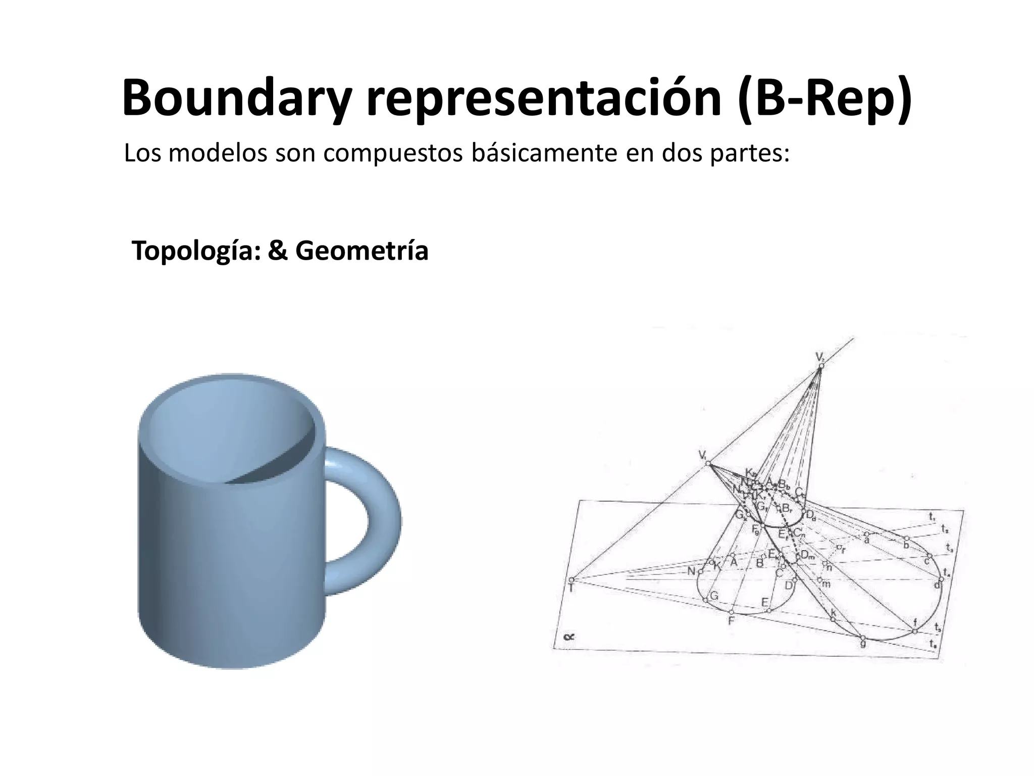 Boundary representación (B-Rep)
Los modelos son compuestos básicamente en dos partes:


Topología: & Geometría
 