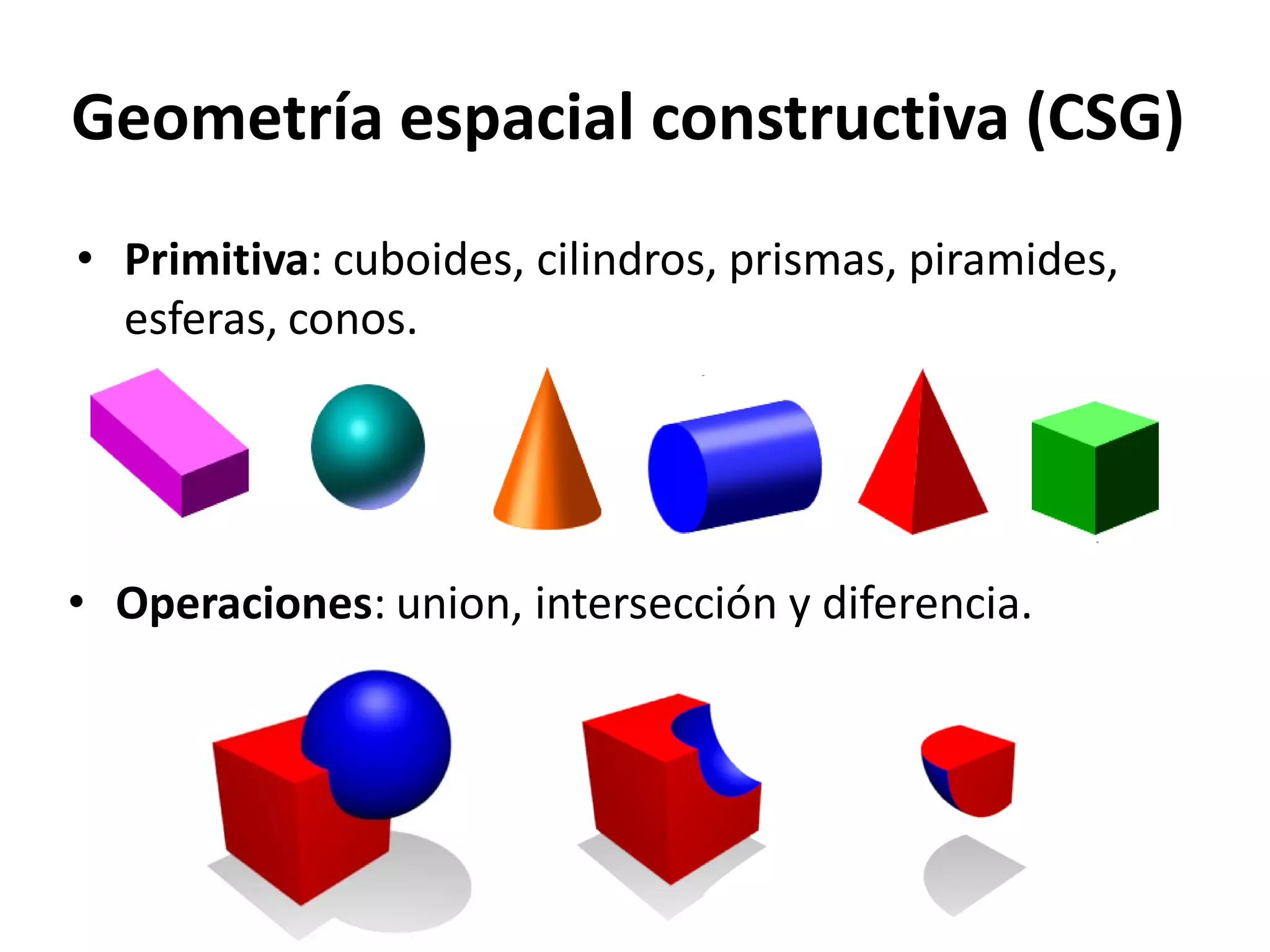 Geometría espacial constructiva (CSG)
• Primitiva: cuboides, cilindros, prismas, piramides,
  esferas, conos.




• Operaciones: union, intersección y diferencia.
 