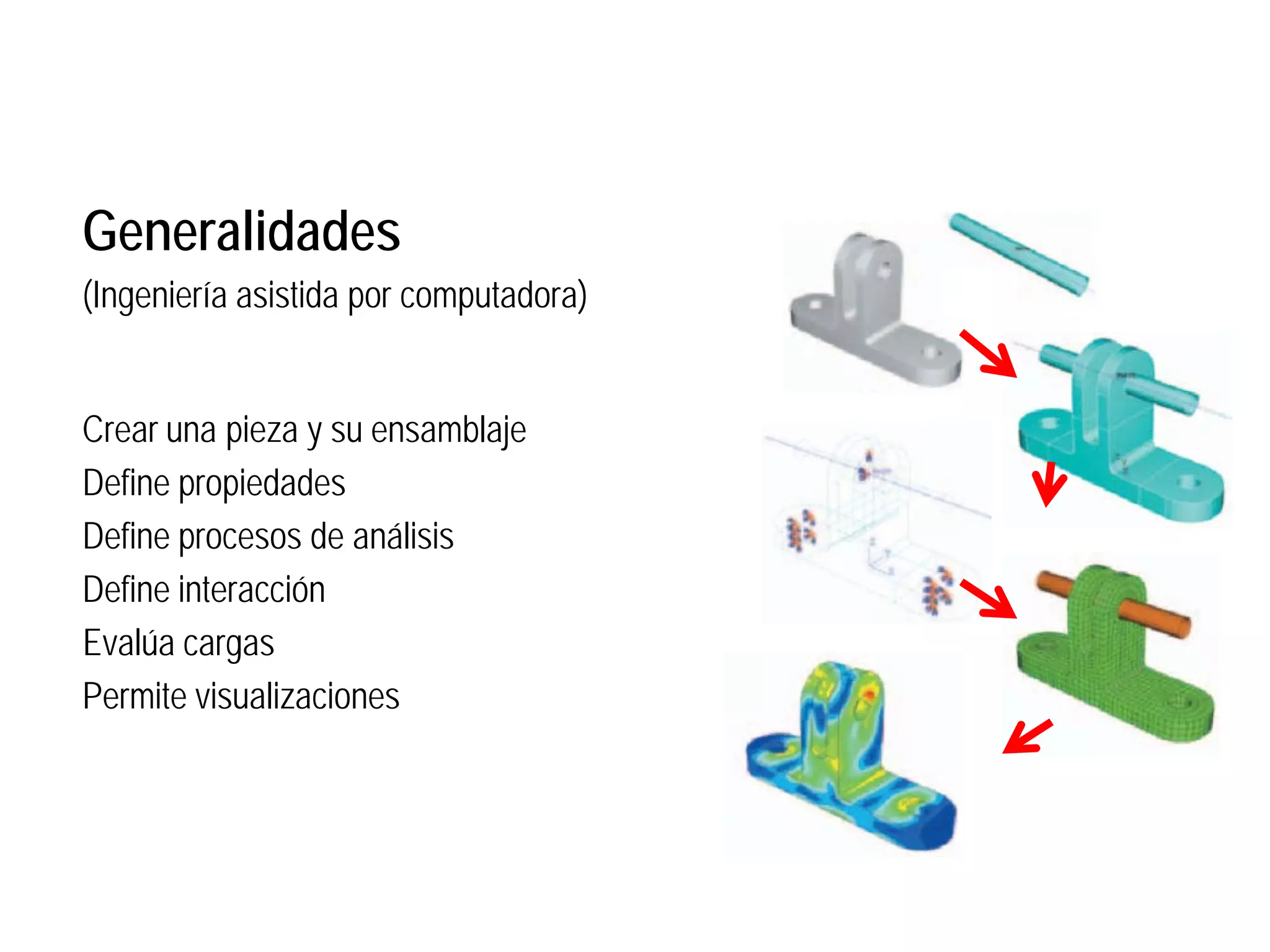 Generalidades
(Ingeniería asistida por computadora)


Crear una pieza y su ensamblaje
Define propiedades
Define procesos de análisis
Define interacción
Evalúa cargas
Permite visualizaciones
 