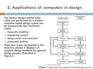 2. Applications of computers in design
 The various design-related tasks
which are performed by a modern
computer-aided design system can
be grouped into four functional
areas:
 Geometric modeling
 Engineering analysis
 Engineering analysis
 Design review and evaluation
 Automated drafting
 These four areas correspond to the
final four phases in Shigley's of
machine design textbook for general
design process, illustrated in
Figure.2.
Figure .2 Application of computers to the design process
Dr. Mohammed Imran
 