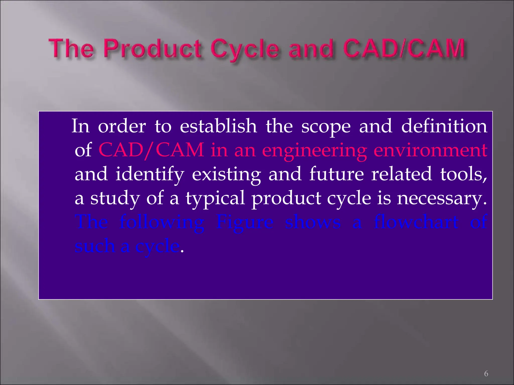In order to establish the scope and definition
of CAD/CAM in an engineering environment
and identify existing and future related tools,
a study of a typical product cycle is necessary.
The following Figure shows a flowchart of
such a cycle.
6
 