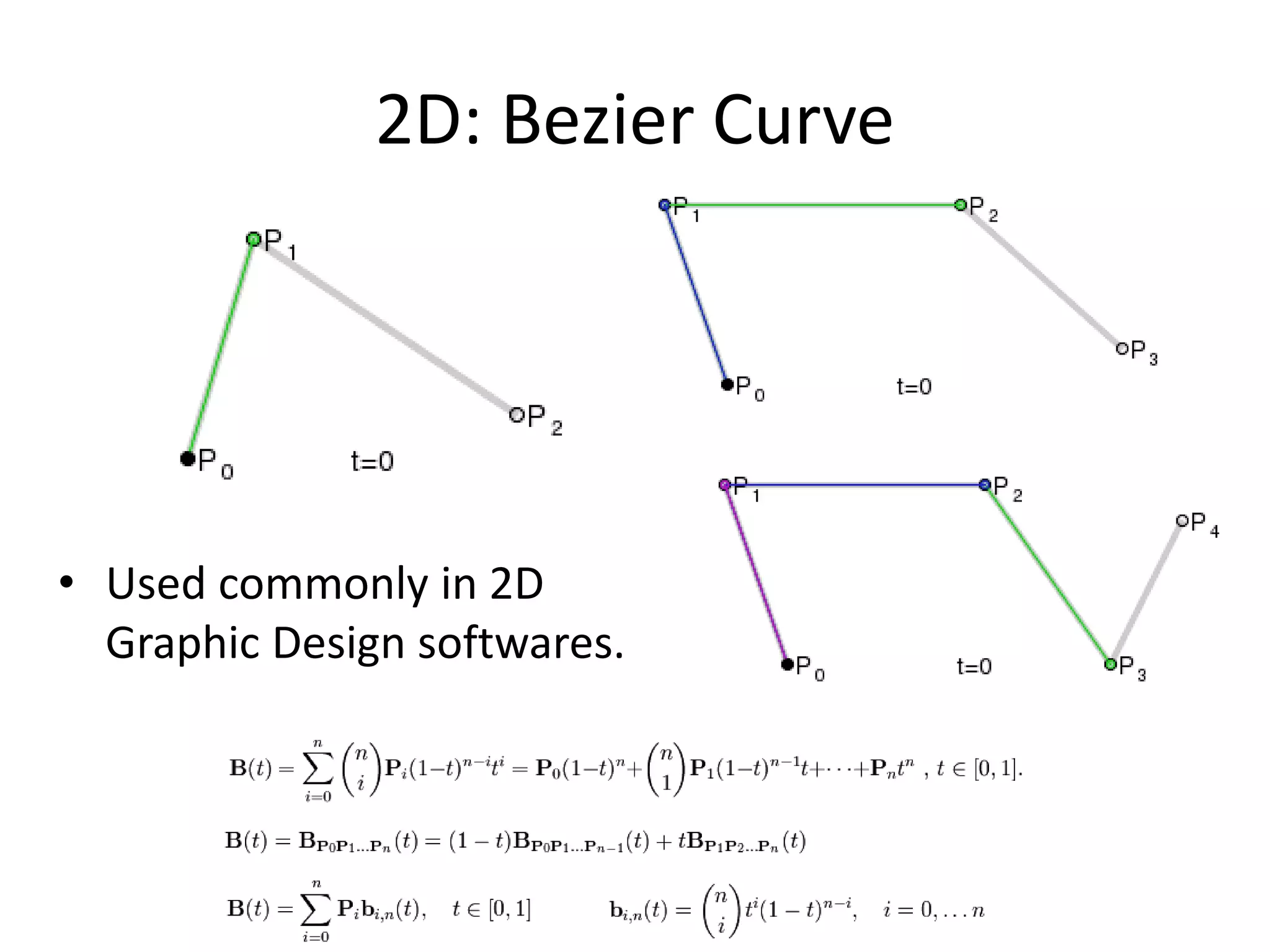 2D: Bezier Curve
• Used commonly in 2D
Graphic Design softwares.
 