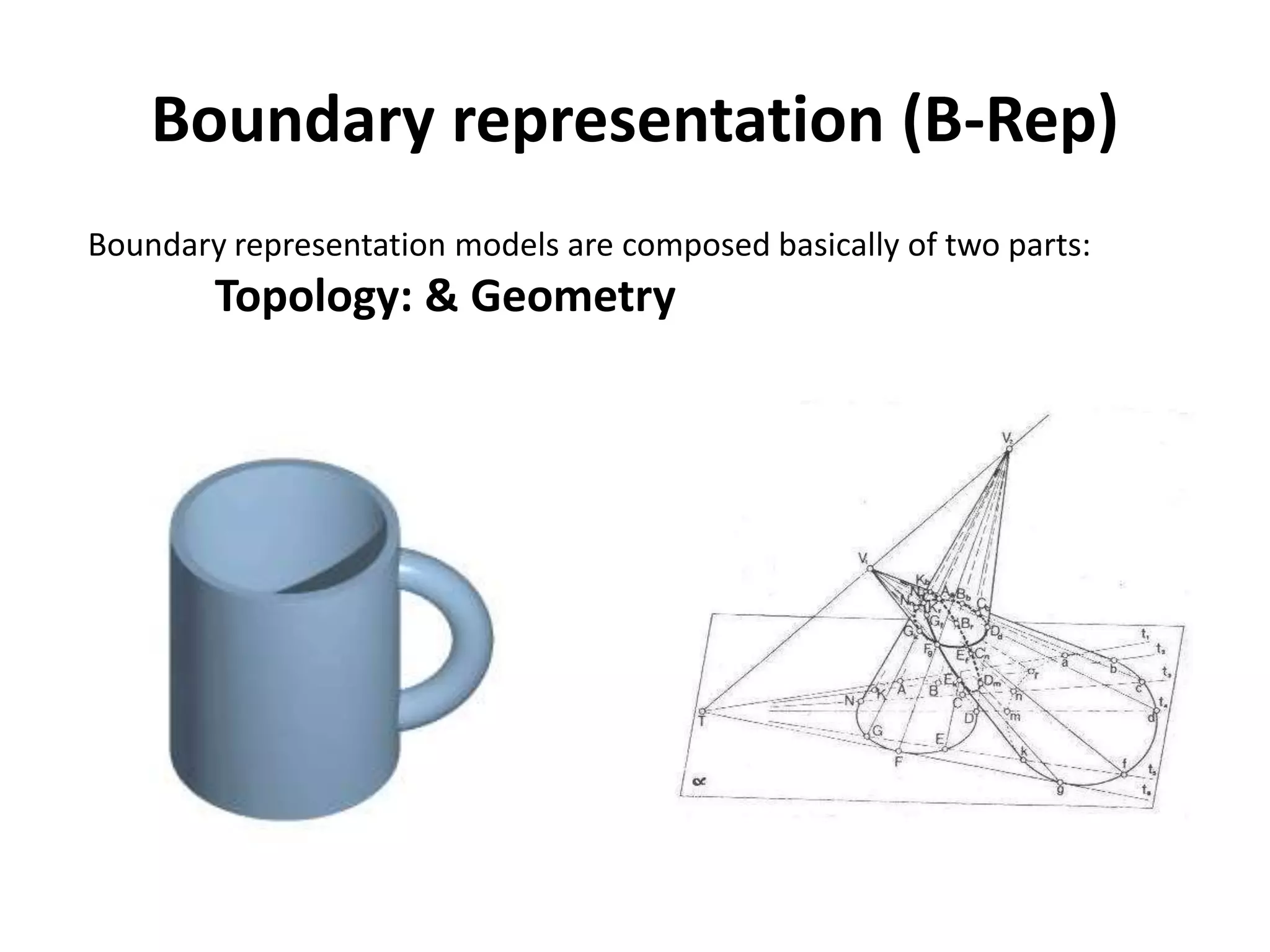 Boundary representation (B-Rep)
Boundary representation models are composed basically of two parts:
Topology: & Geometry
 