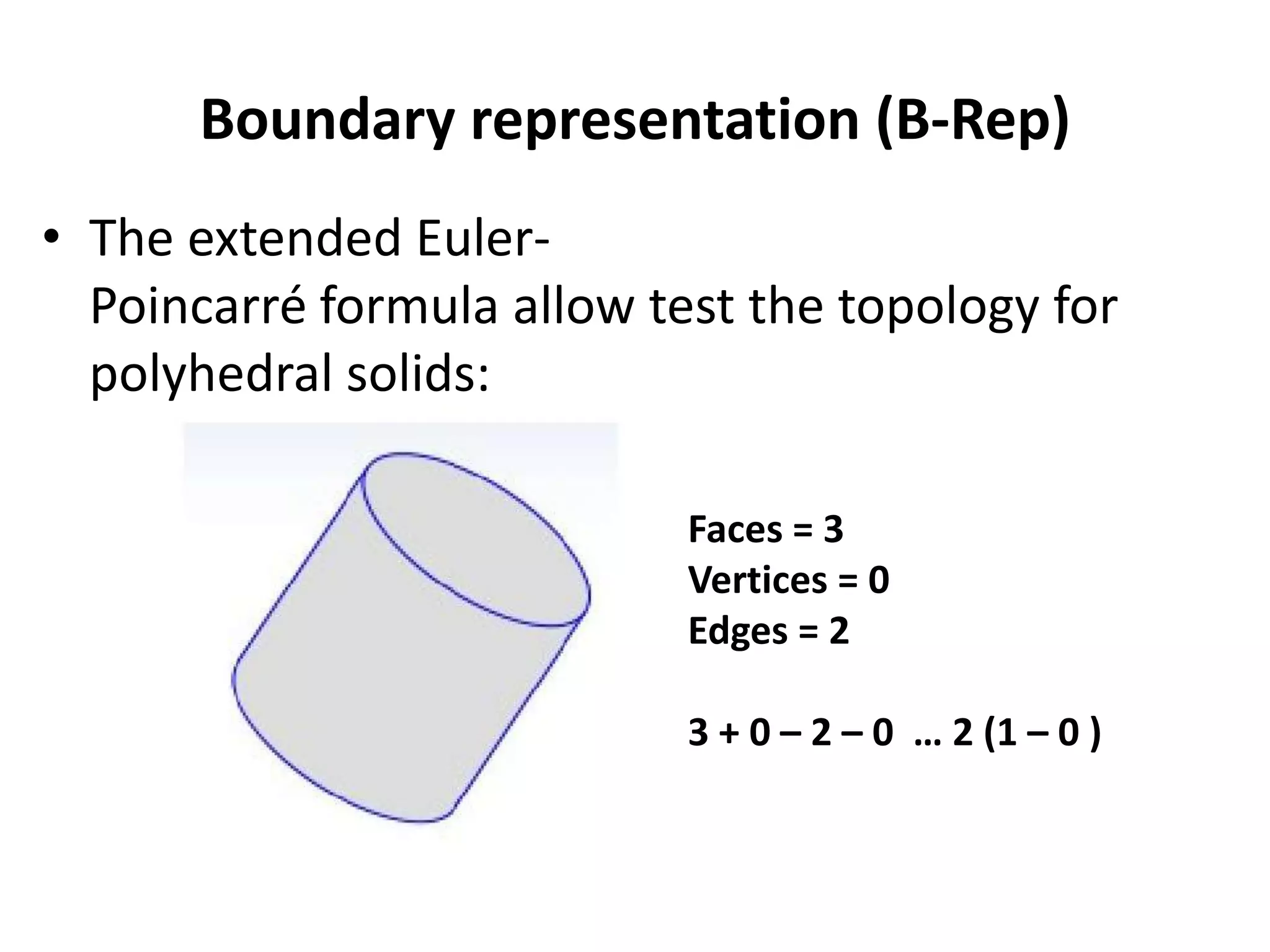 Boundary representation (B-Rep)
• The extended Euler-
Poincarré formula allow test the topology for
polyhedral solids:
Faces = 3
Vertices = 0
Edges = 2
3 + 0 – 2 – 0 … 2 (1 – 0 )
 