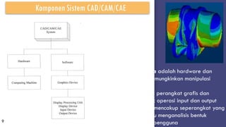 Insert Image
9
Komponen Sistem CAD/CAM/CAE
 Komponen utama adalah hardware dan
software yang memungkinkan manipulasi
bentuk produk
 Perangkat keras : perangkat grafis dan
periferalnya untuk operasi input dan output
 Perangkat lunak mencakup seperangkat yang
memanipulasi atau menganalisis bentuk
menurut interaksi pengguna
 