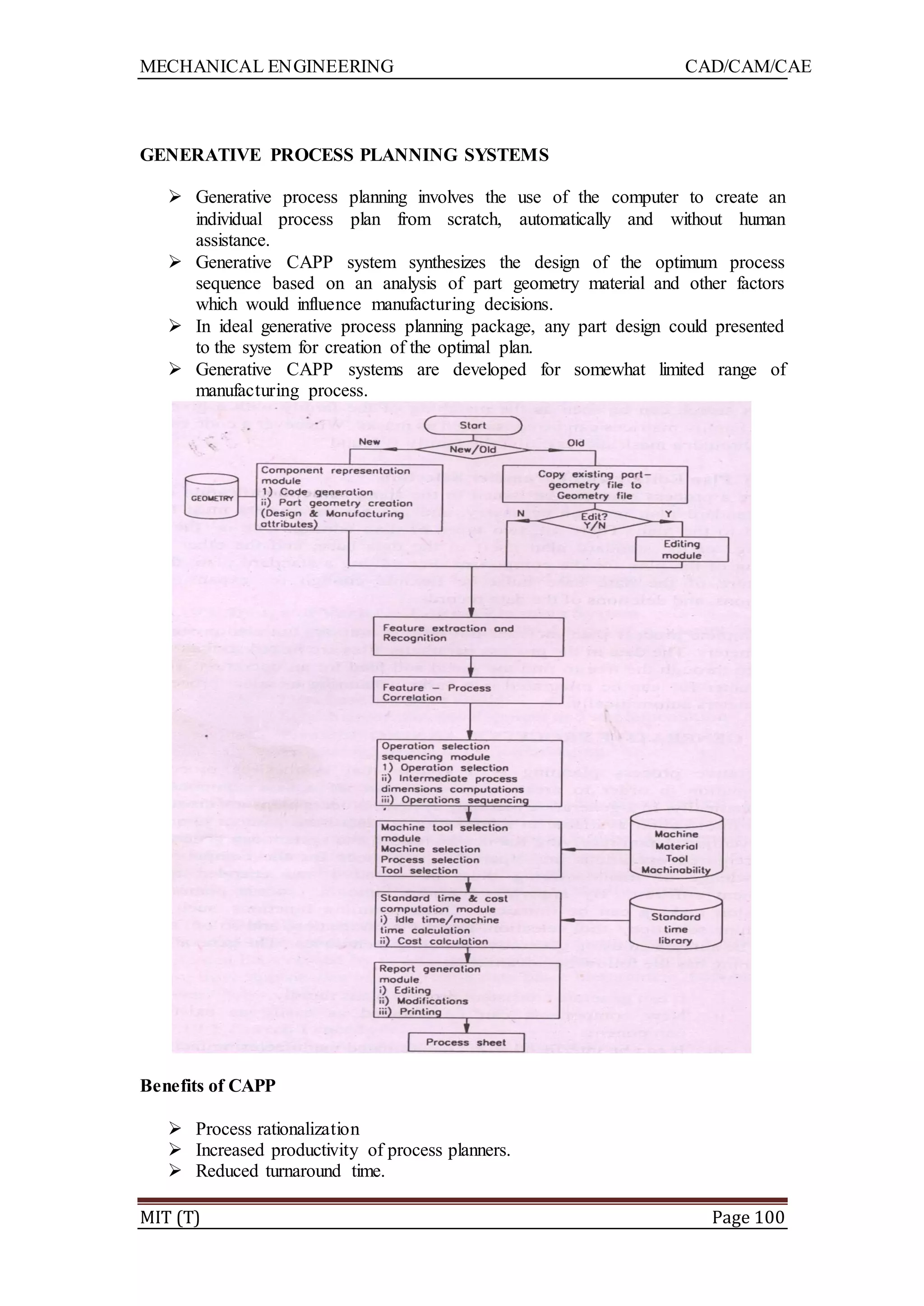 MECHANICAL ENGINEERING CAD/CAM/CAE
MIT (T) Page 100
GENERATIVE PROCESS PLANNING SYSTEMS
 Generative process planning involves the use of the computer to create an
individual process plan from scratch, automatically and without human
assistance.
 Generative CAPP system synthesizes the design of the optimum process
sequence based on an analysis of part geometry material and other factors
which would influence manufacturing decisions.
 In ideal generative process planning package, any part design could presented
to the system for creation of the optimal plan.
 Generative CAPP systems are developed for somewhat limited range of
manufacturing process.
Benefits of CAPP
 Process rationalization
 Increased productivity of process planners.
 Reduced turnaround time.
 
