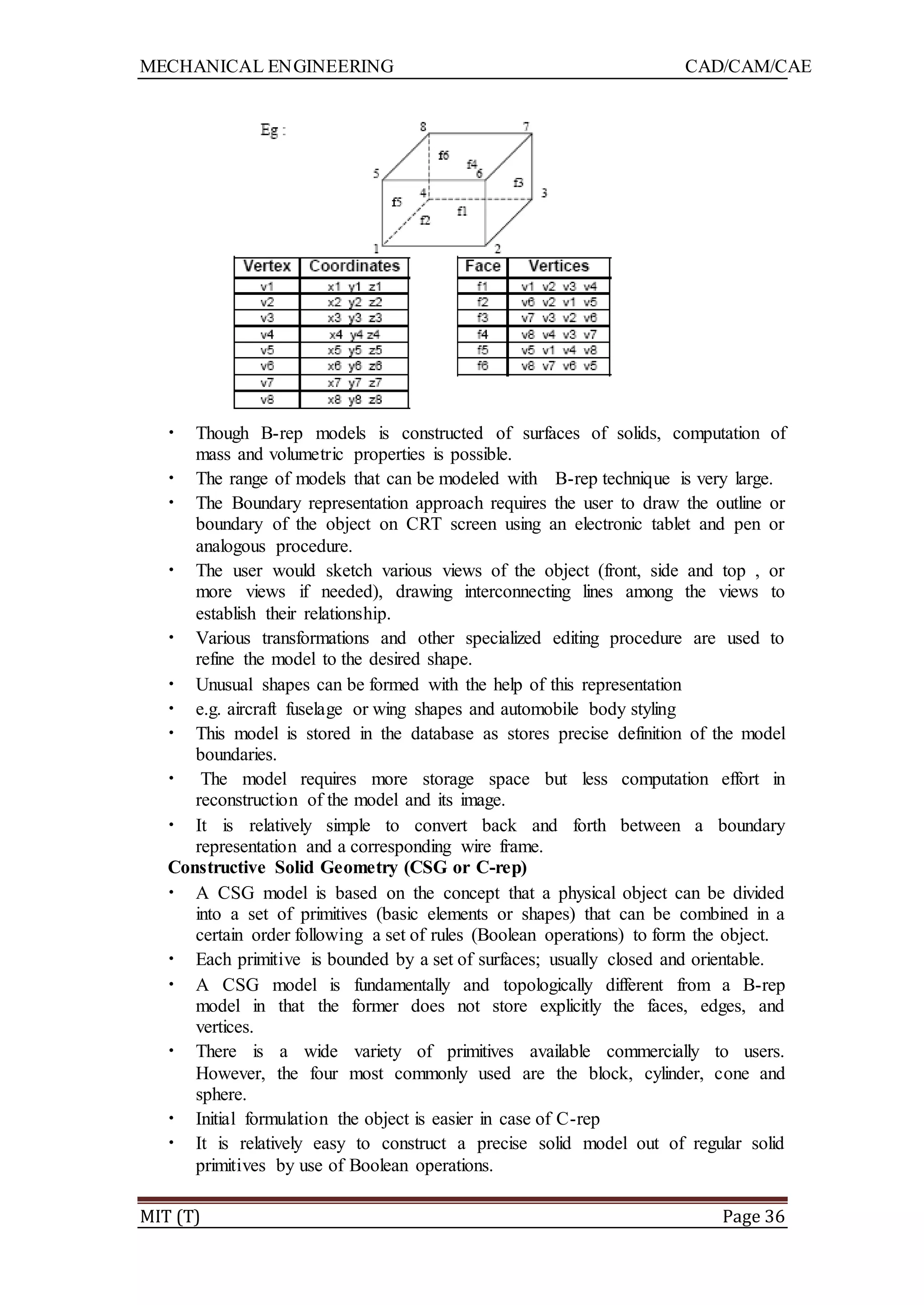 MECHANICAL ENGINEERING CAD/CAM/CAE
MIT (T) Page 36
• Though B-rep models is constructed of surfaces of solids, computation of
mass and volumetric properties is possible.
• The range of models that can be modeled with B-rep technique is very large.
• The Boundary representation approach requires the user to draw the outline or
boundary of the object on CRT screen using an electronic tablet and pen or
analogous procedure.
• The user would sketch various views of the object (front, side and top , or
more views if needed), drawing interconnecting lines among the views to
establish their relationship.
• Various transformations and other specialized editing procedure are used to
refine the model to the desired shape.
• Unusual shapes can be formed with the help of this representation
• e.g. aircraft fuselage or wing shapes and automobile body styling
• This model is stored in the database as stores precise definition of the model
boundaries.
• The model requires more storage space but less computation effort in
reconstruction of the model and its image.
• It is relatively simple to convert back and forth between a boundary
representation and a corresponding wire frame.
Constructive Solid Geometry (CSG or C-rep)
• A CSG model is based on the concept that a physical object can be divided
into a set of primitives (basic elements or shapes) that can be combined in a
certain order following a set of rules (Boolean operations) to form the object.
• Each primitive is bounded by a set of surfaces; usually closed and orientable.
• A CSG model is fundamentally and topologically different from a B-rep
model in that the former does not store explicitly the faces, edges, and
vertices.
• There is a wide variety of primitives available commercially to users.
However, the four most commonly used are the block, cylinder, cone and
sphere.
• Initial formulation the object is easier in case of C-rep
• It is relatively easy to construct a precise solid model out of regular solid
primitives by use of Boolean operations.
 
