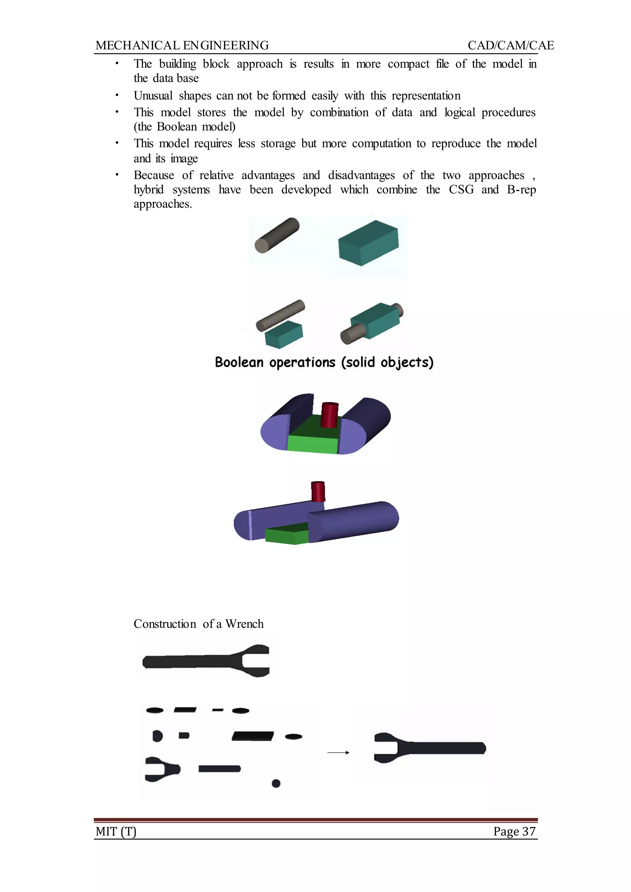 MECHANICAL ENGINEERING CAD/CAM/CAE
MIT (T) Page 37
• The building block approach is results in more compact file of the model in
the data base
• Unusual shapes can not be formed easily with this representation
• This model stores the model by combination of data and logical procedures
(the Boolean model)
• This model requires less storage but more computation to reproduce the model
and its image
• Because of relative advantages and disadvantages of the two approaches ,
hybrid systems have been developed which combine the CSG and B-rep
approaches.
Construction of a Wrench
 