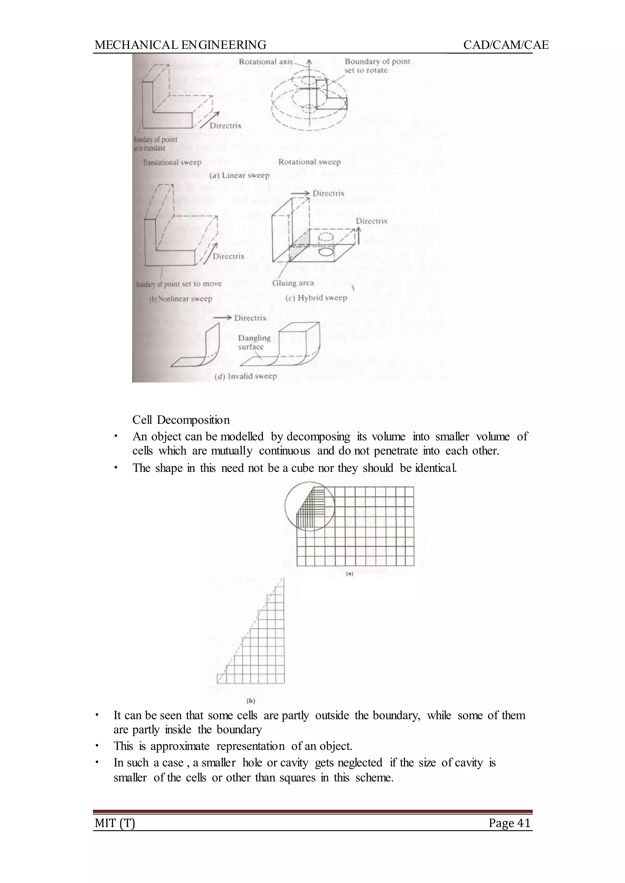 MECHANICAL ENGINEERING CAD/CAM/CAE
MIT (T) Page 41
Cell Decomposition
• An object can be modelled by decomposing its volume into smaller volume of
cells which are mutually continuous and do not penetrate into each other.
• The shape in this need not be a cube nor they should be identical.
• It can be seen that some cells are partly outside the boundary, while some of them
are partly inside the boundary
• This is approximate representation of an object.
• In such a case , a smaller hole or cavity gets neglected if the size of cavity is
smaller of the cells or other than squares in this scheme.
 