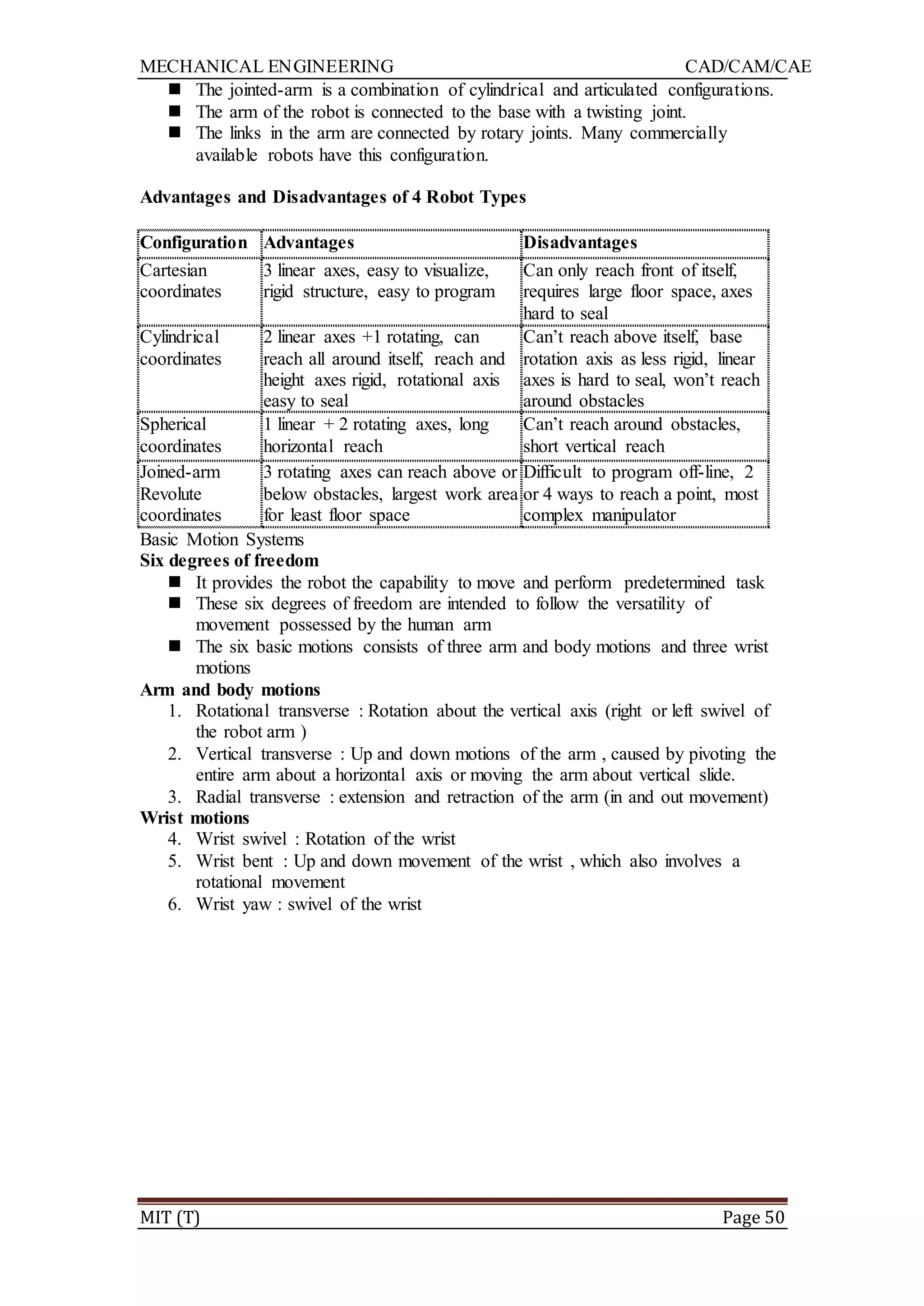 MECHANICAL ENGINEERING CAD/CAM/CAE
MIT (T) Page 50
 The jointed-arm is a combination of cylindrical and articulated configurations.
 The arm of the robot is connected to the base with a twisting joint.
 The links in the arm are connected by rotary joints. Many commercially
available robots have this configuration.
Advantages and Disadvantages of 4 Robot Types
Configuration Advantages Disadvantages
Cartesian
coordinates
3 linear axes, easy to visualize,
rigid structure, easy to program
Can only reach front of itself,
requires large floor space, axes
hard to seal
Cylindrical
coordinates
2 linear axes +1 rotating, can
reach all around itself, reach and
height axes rigid, rotational axis
easy to seal
Can‟t reach above itself, base
rotation axis as less rigid, linear
axes is hard to seal, won‟t reach
around obstacles
Spherical
coordinates
1 linear + 2 rotating axes, long
horizontal reach
Can‟t reach around obstacles,
short vertical reach
Joined-arm
Revolute
coordinates
3 rotating axes can reach above or
below obstacles, largest work area
for least floor space
Difficult to program off-line, 2
or 4 ways to reach a point, most
complex manipulator
Basic Motion Systems
Six degrees of freedom
 It provides the robot the capability to move and perform predetermined task
 These six degrees of freedom are intended to follow the versatility of
movement possessed by the human arm
 The six basic motions consists of three arm and body motions and three wrist
motions
Arm and body motions
1. Rotational transverse : Rotation about the vertical axis (right or left swivel of
the robot arm )
2. Vertical transverse : Up and down motions of the arm , caused by pivoting the
entire arm about a horizontal axis or moving the arm about vertical slide.
3. Radial transverse : extension and retraction of the arm (in and out movement)
Wrist motions
4. Wrist swivel : Rotation of the wrist
5. Wrist bent : Up and down movement of the wrist , which also involves a
rotational movement
6. Wrist yaw : swivel of the wrist
 