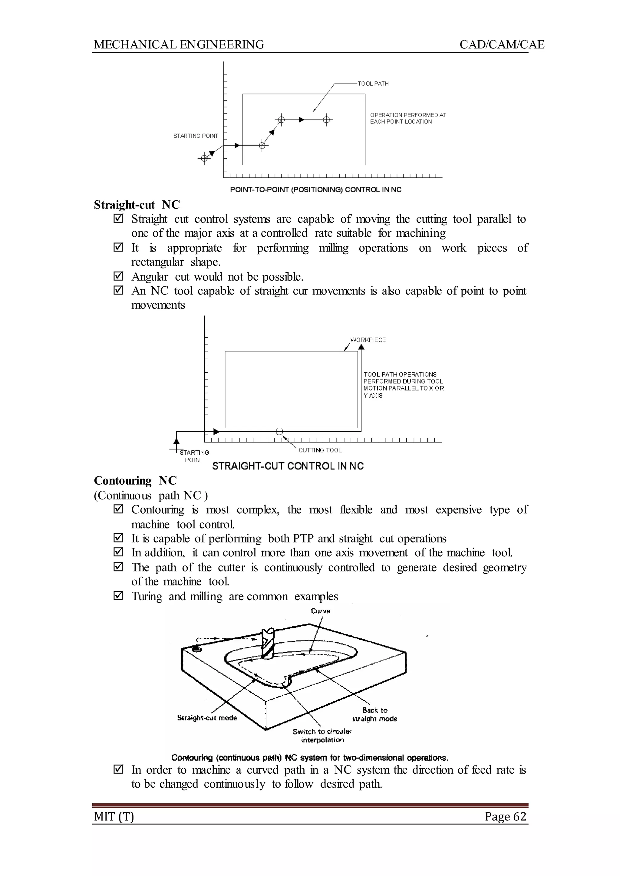 MECHANICAL ENGINEERING CAD/CAM/CAE
MIT (T) Page 62
Straight-cut NC
 Straight cut control systems are capable of moving the cutting tool parallel to
one of the major axis at a controlled rate suitable for machining
 It is appropriate for performing milling operations on work pieces of
rectangular shape.
 Angular cut would not be possible.
 An NC tool capable of straight cur movements is also capable of point to point
movements
Contouring NC
(Continuous path NC )
 Contouring is most complex, the most flexible and most expensive type of
machine tool control.
 It is capable of performing both PTP and straight cut operations
 In addition, it can control more than one axis movement of the machine tool.
 The path of the cutter is continuously controlled to generate desired geometry
of the machine tool.
 Turing and milling are common examples
 In order to machine a curved path in a NC system the direction of feed rate is
to be changed continuously to follow desired path.
 