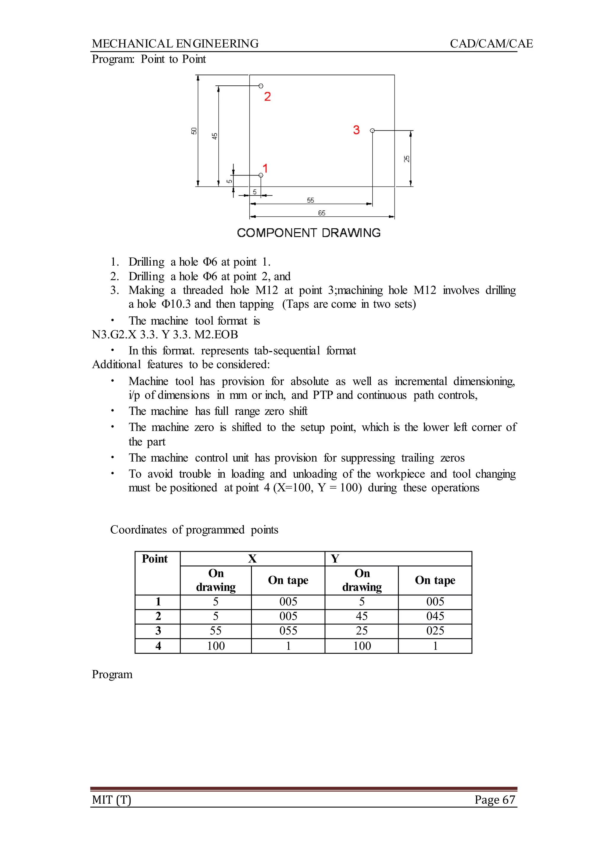 MECHANICAL ENGINEERING CAD/CAM/CAE
MIT (T) Page 67
Program: Point to Point
1. Drilling a hole Φ6 at point 1.
2. Drilling a hole Φ6 at point 2, and
3. Making a threaded hole M12 at point 3;machining hole M12 involves drilling
a hole Φ10.3 and then tapping (Taps are come in two sets)
• The machine tool format is
N3.G2.X 3.3. Y 3.3. M2.EOB
• In this format. represents tab-sequential format
Additional features to be considered:
• Machine tool has provision for absolute as well as incremental dimensioning,
i/p of dimensions in mm or inch, and PTP and continuous path controls,
• The machine has full range zero shift
• The machine zero is shifted to the setup point, which is the lower left corner of
the part
• The machine control unit has provision for suppressing trailing zeros
• To avoid trouble in loading and unloading of the workpiece and tool changing
must be positioned at point 4 (X=100, Y = 100) during these operations
Coordinates of programmed points
Point X Y
On
drawing
On tape
On
drawing
On tape
1 5 005 5 005
2 5 005 45 045
3 55 055 25 025
4 100 1 100 1
Program
 