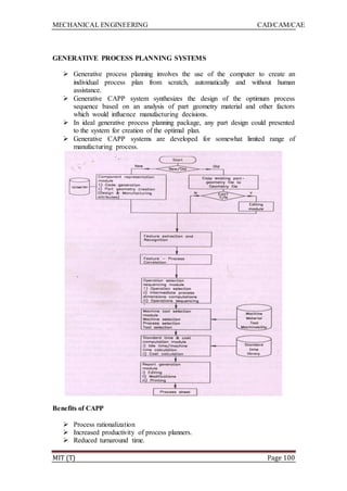 MECHANICAL ENGINEERING CAD/CAM/CAE
MIT (T) Page 100
GENERATIVE PROCESS PLANNING SYSTEMS
 Generative process planning involves the use of the computer to create an
individual process plan from scratch, automatically and without human
assistance.
 Generative CAPP system synthesizes the design of the optimum process
sequence based on an analysis of part geometry material and other factors
which would influence manufacturing decisions.
 In ideal generative process planning package, any part design could presented
to the system for creation of the optimal plan.
 Generative CAPP systems are developed for somewhat limited range of
manufacturing process.
Benefits of CAPP
 Process rationalization
 Increased productivity of process planners.
 Reduced turnaround time.
 