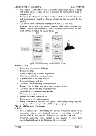 MECHANICAL ENGINEERING CAD/CAM/CAE
MIT (T) Page 12
• It is goal of CAD/CAM not only to automate certain design phases of design
and certain phases of mfg., but also to automate the transition from design to
manufacturing.
• Computer- based systems have been developed which create much of the data
and documentation required to plan and manage the mfg. operations for the
product.
• The manufacturing data base is an integrated CAD/CAM data base.
• It includes all the data on the product generated during design (geometry data,
BOM , material specifications) as well as additional data required for mfg.,
much of which based on the product design
Figure 7 The manufacturing database from CAD/CAM
Benefits of CAD
• Productivity improvement in Design
• Shorter lead times
• Reduced engineering personnel requirement
• Customer modifications are easier to make
• Rapid response of the design analysis
• Improved accuracy of design
• Avoidance of subcontracting to meet schedules
• Provide better functional analysis to reduce prototype testing
• Avoidance of subcontracting to meet schedules
• Assistance in preparation of documentation
• Minimized transcription errors
• Designs have more standardization
• Fewer errors in NC part programming
• Better communication interfaces and greater understanding among engineers,
designers, drafters, management and different project groups.
Principles of Concurrent Engineering
Definition
• It is a methodology of restructuring the product development activity in an
organization using a cross functional team and is a technique adopted to
improve efficiency of the product design and reduce product cycle time.
• Concurrent engineering brings together a wide spectrum of people from
several functional areas in the design and mfr. of a product.
 
