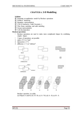 MECHANICAL ENGINEERING CAD/CAM/CAE
MIT (T) Page 33
CHAPTER 6. 3-D Modelling
Syllabus
 Preparing an application model by Boolean operations
 Primitive instancing
 Boundary representations
 CSG (Constructive Solid Geometry )
 Wire frame modeling and solid modeling
 Sweep representations
 Cell decomposition
Boolean operations
• Boolean operations are used to make more complicated shapes by combining
simpler shapes
• 3 types of operations are possible:
1. union („U‟) or “join”
2. intersection („∩‟)
3. difference („-‟) or “subtract”
Boolean operation on solids.
(a) Objects A and B, (b) A U B, (c) A ∩ B, (d) A - B, (e) B - A
 