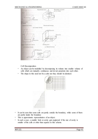 MECHANICAL ENGINEERING CAD/CAM/CAE
MIT (T) Page 41
Cell Decomposition
• An object can be modelled by decomposing its volume into smaller volume of
cells which are mutually continuous and do not penetrate into each other.
• The shape in this need not be a cube nor they should be identical.
• It can be seen that some cells are partly outside the boundary, while some of them
are partly inside the boundary
• This is approximate representation of an object.
• In such a case , a smaller hole or cavity gets neglected if the size of cavity is
smaller of the cells or other than squares in this scheme.
 