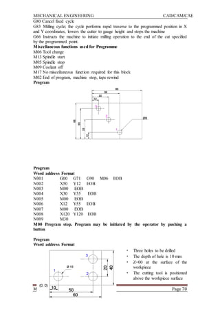 MECHANICAL ENGINEERING CAD/CAM/CAE
MIT (T) Page 70
G80 Cancel fixed cycle
G83 Milling cycle; the cycle performs rapid traverse to the programmed position in X
and Y coordinates, lowers the cutter to gauge height and stops the machine
G66 Instructs the machine to initiate milling operation to the end of the cut specified
by the programmed point.
Miscellaneous functions used for Programme
M06 Tool change
M13 Spindle start
M05 Spindle stop
M09 Coolant off
M17 No miscellaneous function required for this block
M02 End of program, machine stop, tape rewind
Program
Program
Word address Format
N001 G00 G71 G90 M06 EOB
N002 X50 Y12 EOB
N003 M00 EOB
N004 X30 Y35 EOB
N005 M00 EOB
N006 X12 Y55 EOB
N007 M00 EOB
N008 X120 Y120 EOB
N009 M30
M00 Program stop. Program may be initiated by the operator by pushing a
button
Program
Word address Format
• Three holes to be drilled
• The depth of hole is 10 mm
• Z=00 at the surface of the
workpiece
• The cutting tool is positioned
above the workpiece surface
 