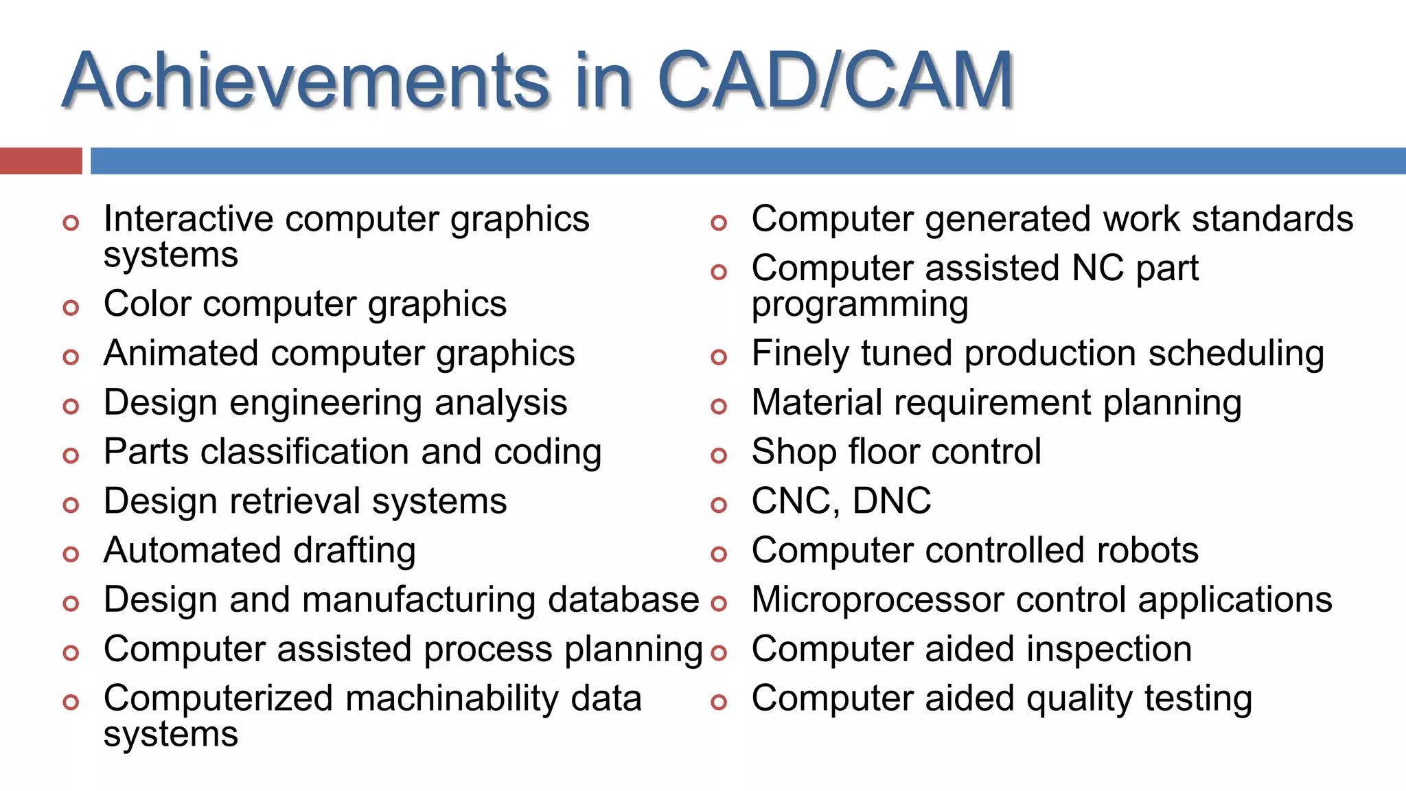 Achievements in CAD/CAM
 Interactive computer graphics
systems
 Color computer graphics
 Animated computer graphics
 Design engineering analysis
 Parts classification and coding
 Design retrieval systems
 Automated drafting
 Design and manufacturing database
 Computer assisted process planning
 Computerized machinability data
systems
 Computer generated work standards
 Computer assisted NC part
programming
 Finely tuned production scheduling
 Material requirement planning
 Shop floor control
 CNC, DNC
 Computer controlled robots
 Microprocessor control applications
 Computer aided inspection
 Computer aided quality testing
D.R.Nishad,Dept.OfMechanical
Engg.
 