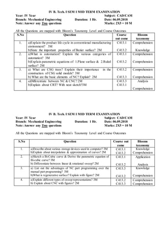 IV B. Tech. I SEM I MID TERM EXAMINATION
Year: IV Year Subject: CAD/CAM
Branch: Mechanical Engineering Duration: 1 Hr. Date: 06.09.2018
Note: Answer any Two questions Marks: 2X5 = 10 M
All the Questions are mapped with Bloom’s Taxonomy Level and Course Outcomes
S.No Question Course
out come
Blooms
taxonomy
1. a)Explain the product life cycle in conventional manufacturing
environment? 3M
b)State the important properties of Bezier surface? 2M
C413.1
C413.2
Comprehension
Knowledge
2. a)What is automation? Explain the various categories of
automation? 3M
b)Explain parametric equations of 1.Plane surface & 2.Ruled
surface? 2M
C413.1
C413.2
Comprehension
Comprehension
3. a) What are CSG trees? Explain their importance in the
construction of CSG solid models? 3M
b) What are the basic elements of NC? Explain? 2M
C413.2
C413.3
Comprehension
Comprehension
4. a)Differentiate between NC & CNC? 2M
b)Explain about CRT? With neat sketch?3M
C413.3
C413.1
Analysis
Comprehension
IV B. Tech. I SEM I MID TERM EXAMINATION
Year: IV Year Subject: CAD/CAM
Branch: Mechanical Engineering Duration: 1 Hr. Date: 06.09.2018
Note: Answer any Two questions Marks: 2X5 = 10 M
All the Questions are mapped with Bloom’s Taxonomy Level and Course Outcomes
S.No Question Course out
come
Blooms
taxonomy
1. a)Describe about various storage devices used in computer? 3M
b)Explain about interpolation & approximation of curves? 2M
C413.1
C413.2
Knowledge
Comprehension
2. a)Sketch a Bi-Cubic curve & Derive the parametric equation of
Bi-cubic curve? 3M
b) Differentiate between linear & rotational sweep? 2M
C413.1
C413.2
Application
Analysis
3. a) List out the advantages of NC part programming over the
manual part programming? 3M
b)What is regenerative surface? Explain with figure? 2M
C413.3
C413.2
Knowledge
Comprehension
4. a)Explain different types of sweep representations? 3M
b) Explain about CNC with figures? 2M
C413.2
C413.3
Comprehension
Comprehension
 