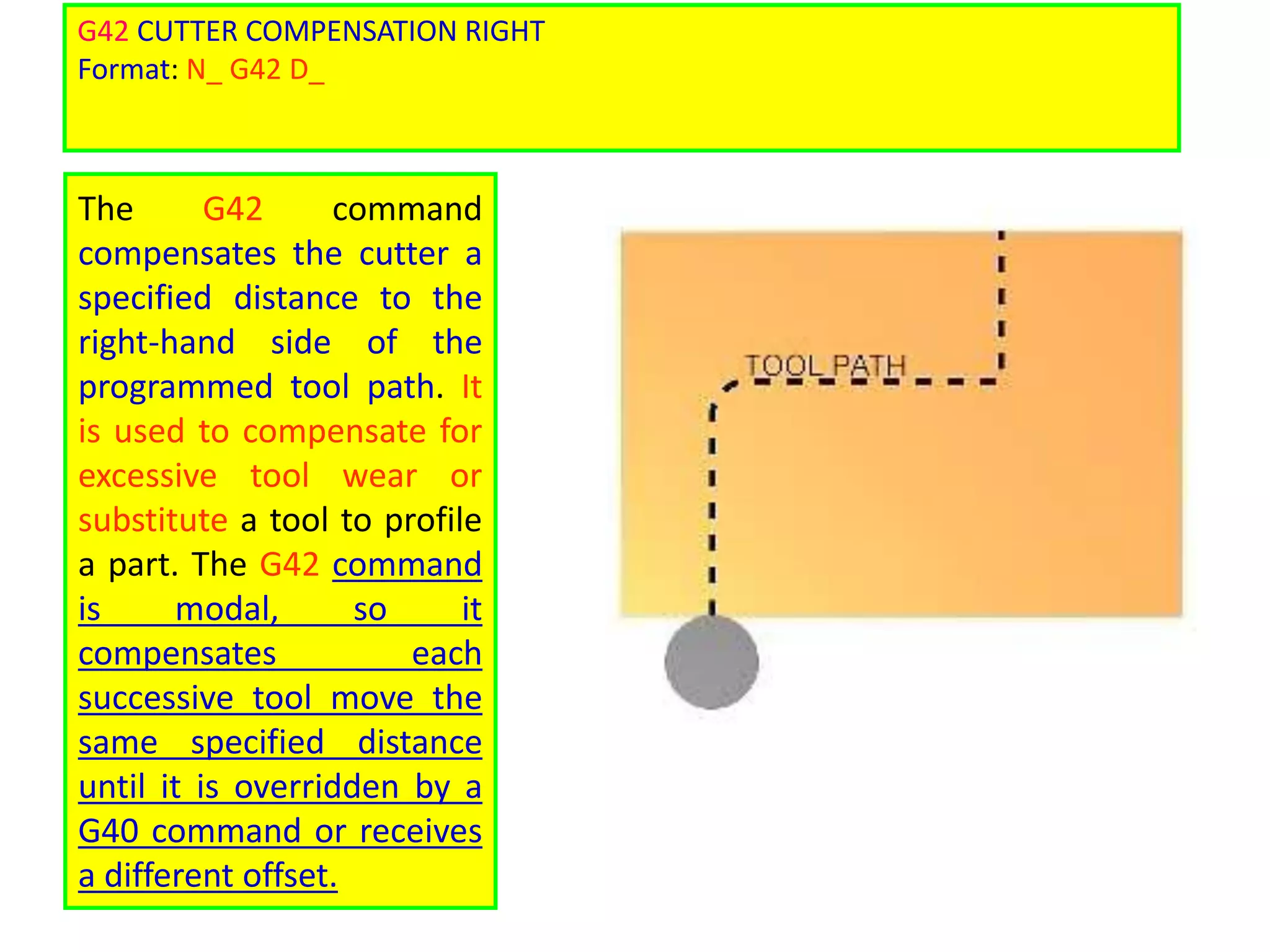 G42 CUTTER COMPENSATION RIGHT
Format: N_ G42 D_
The G42 command
compensates the cutter a
specified distance to the
right-hand side of the
programmed tool path. It
is used to compensate for
excessive tool wear or
substitute a tool to profile
a part. The G42 command
is modal, so it
compensates each
successive tool move the
same specified distance
until it is overridden by a
G40 command or receives
a different offset.
 