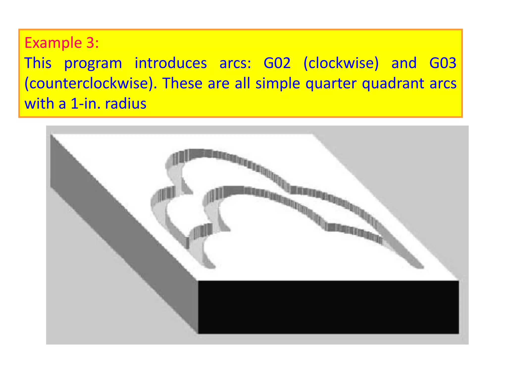Example 3:
This program introduces arcs: G02 (clockwise) and G03
(counterclockwise). These are all simple quarter quadrant arcs
with a 1-in. radius
 