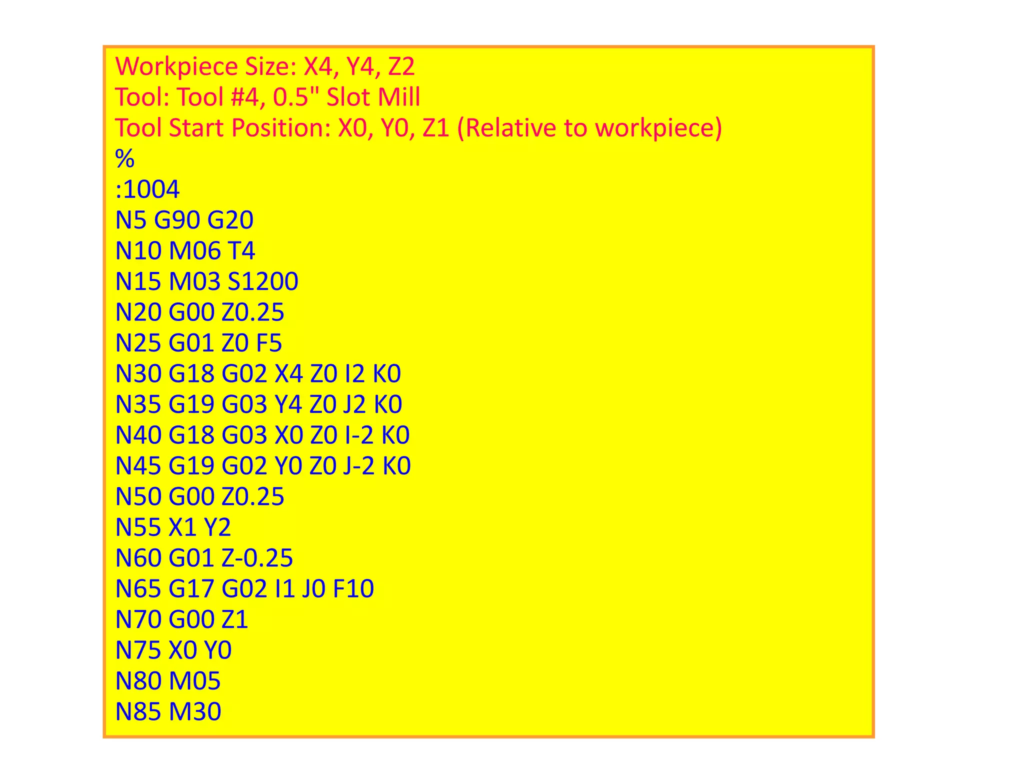 Workpiece Size: X4, Y4, Z2
Tool: Tool #4, 0.5" Slot Mill
Tool Start Position: X0, Y0, Z1 (Relative to workpiece)
%
:1004
N5 G90 G20
N10 M06 T4
N15 M03 S1200
N20 G00 Z0.25
N25 G01 Z0 F5
N30 G18 G02 X4 Z0 I2 K0
N35 G19 G03 Y4 Z0 J2 K0
N40 G18 G03 X0 Z0 I-2 K0
N45 G19 G02 Y0 Z0 J-2 K0
N50 G00 Z0.25
N55 X1 Y2
N60 G01 Z-0.25
N65 G17 G02 I1 J0 F10
N70 G00 Z1
N75 X0 Y0
N80 M05
N85 M30
 
