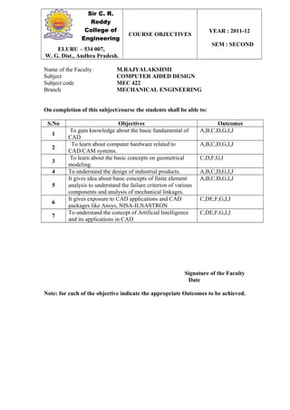 Sir C. R.
Reddy
College of
Engineering
COURSE OBJECTIVES
YEAR : 2011-12
SEM : SECOND
ELURU – 534 007,
W. G. Dist., Andhra Pradesh.
Name of the Faculty M.RAJYALAKSHMI
Subject COMPUTER AIDED DESIGN
Subject code MEC 422
Branch MECHANICAL ENGINEERING
On completion of this subject/course the students shall be able to:
S.No Objectives Outcomes
1
To gain knowledge about the basic fundamental of
CAD
A,B,C,D,G,I,J
2
To learn about computer hardware related to
CAD/CAM systems.
A,B,C,D,G,I,J
3
To learn about the basic concepts on geometrical
modeling.
C,D,F,G,I
4 To understand the design of industrial products. A,B,C,D,G,I,J
5
It gives idea about basic concepts of finite element
analysis to understand the failure criterion of various
components and analysis of mechanical linkages.
A,B,C,D,G,I,J
6
It gives exposure to CAD applications and CAD
packages like Ansys, NISA-II,NASTRON
C,DE,F,G,I,J
7
To understand the concept of Artificial Intelligence
and its applications in CAD
C,DE,F,G,I,J
Signature of the Faculty
Date
Note: for each of the objective indicate the appropriate Outcomes to be achieved.
 
