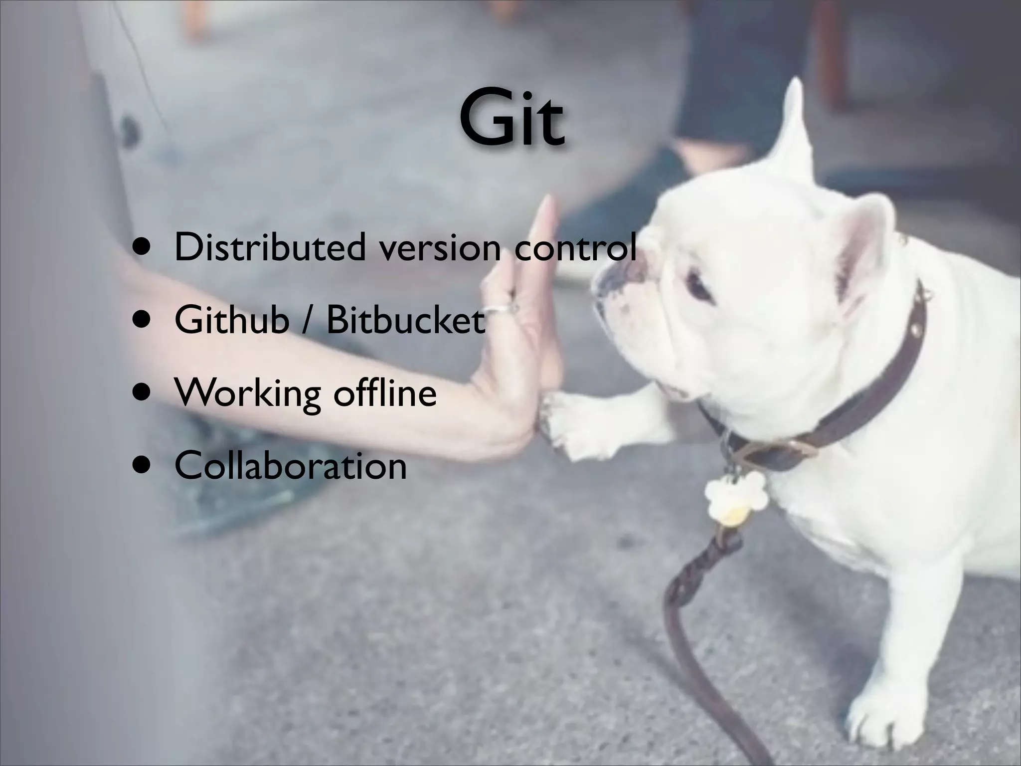 Git
• Distributed version control
• Github / Bitbucket
• Working ofﬂine
• Collaboration
 