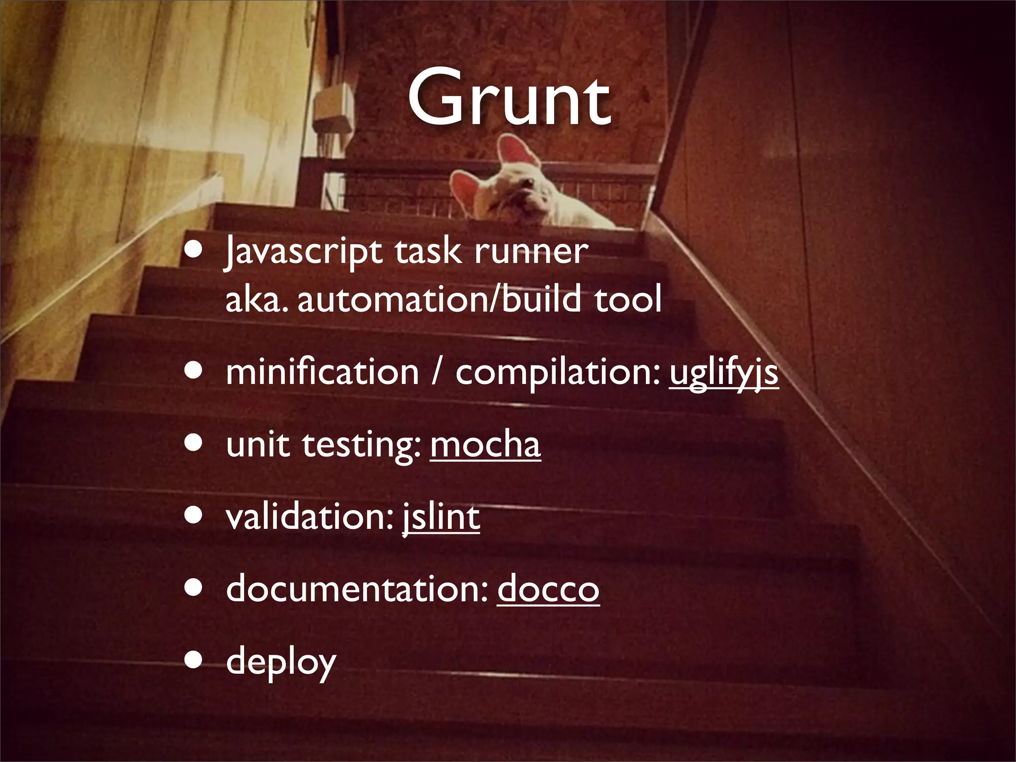 Grunt
• Javascript task runner
aka. automation/build tool
• miniﬁcation / compilation: uglifyjs
• unit testing: mocha
• validation: jslint
• documentation: docco
• deploy
 