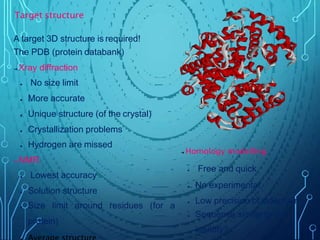 Target structure
A target 3D structure is required!
The PDB (protein databank)
➔ Xray diffraction
● No size limit
● More accurate
● Unique structure (of the crystal)
● Crystallization problems
● Hydrogen are missed
➔ NMR
● Lowest accuracy
● Solution structure
residues (for a
● Size limit around
protein)
➔ Homology modelling
● Free and quick
● No experimental
● Low precision of sidechains
● Sequence similarity or
identity?
 