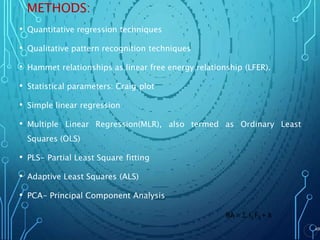 METHODS:
49
• Quantitative regression techniques
• Qualitative pattern recognition techniques
• Hammet relationships as linear free energy relationship (LFER).
• Statistical parameters: Craig plot
• Simple linear regression
• Multiple Linear Regression(MLR), also termed as Ordinary Least
Squares (OLS)
• PLS- Partial Least Square fitting
• Adaptive Least Squares (ALS)
• PCA- Principal Component Analysis
BA =  Iij Fij + k
 