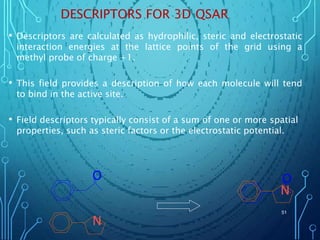 DESCRIPTORS FOR 3D QSAR
• Descriptors are calculated as hydrophilic, steric and electrostatic
interaction energies at the lattice points of the grid using a
methyl probe of charge +1.
• This field provides a description of how each molecule will tend
to bind in the active site.
• Field descriptors typically consist of a sum of one or more spatial
properties, such as steric factors or the electrostatic potential.
O
N
O
N
51
 