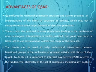 ADVANTAGES OF QSAR:
• Quantifying the relationship between structure and activity provides an
understanding of the effect of structure on activity, which may not be
straightforward when large amounts of data are generated.
• There is also the potential to make predictions leading to the synthesis of
novel analogues. Interpolation is readily justified, but great care must be
taken not to use extrapolation outside the range of the data set.
• The results can be used to help understand interactions between
functional groups in the molecules of greatest activity, with those of their
target. To do this it is important to interpret any derived QSAR in terms of
the fundamental chemistry of the set of analogues, including any ou5t5liers.
 