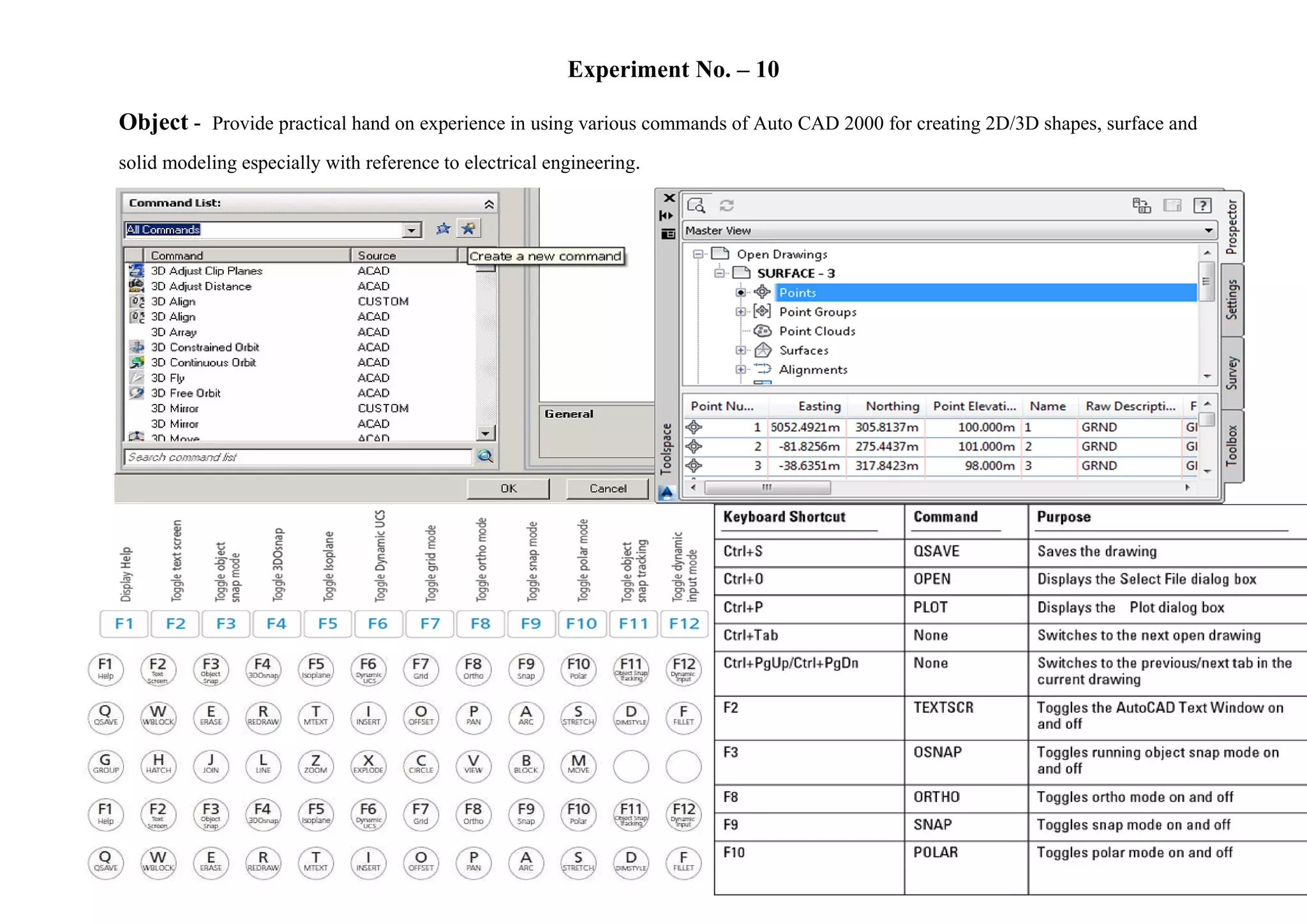 Experiment No. – 10
Object - Provide practical hand on experience in using various commands of Auto CAD 2000 for creating 2D/3D shapes, surface and
solid modeling especially with reference to electrical engineering.
 