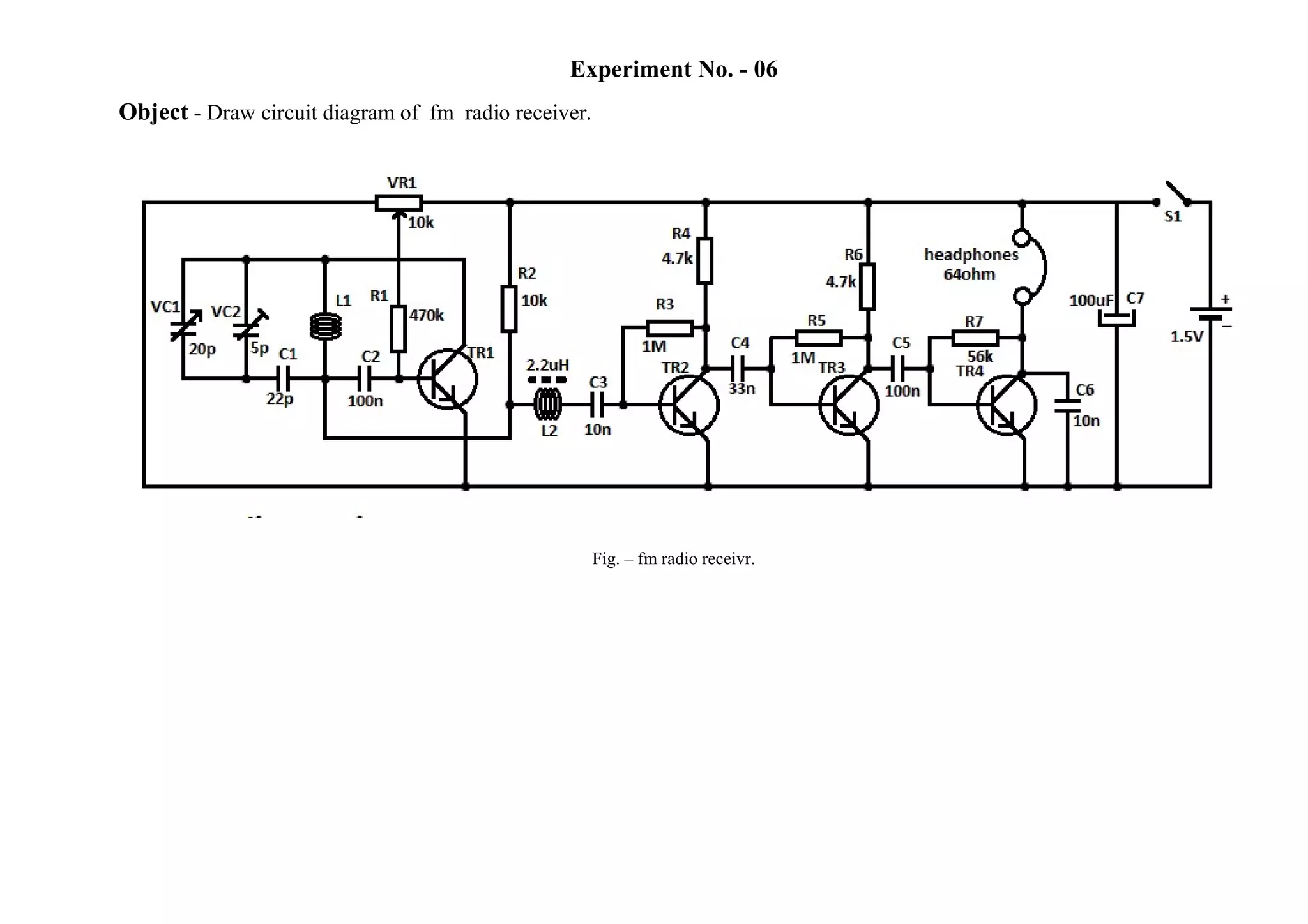 Experiment No. - 06
Object - Draw circuit diagram of fm radio receiver.
Fig. – fm radio receivr.
 