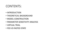CONTENTS:
• INTRODUCTION
• THEORETICAL BACKGROUND
• MODEL CONSTRUCTION
• PARAMETER SENSITIVITY ANALYSIS
• VIRTUAL TRIAL
• FED VS FASTED STATE
 