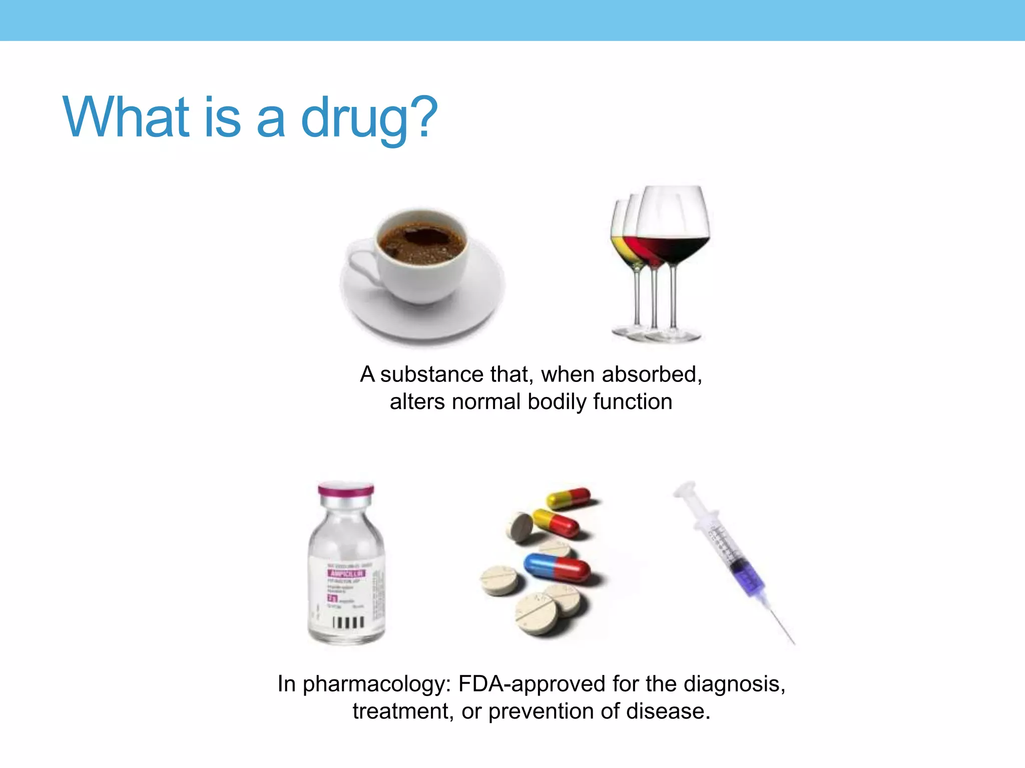 What is a drug?



               A substance that, when absorbed,
                  alters normal bodily function




        In pharmacology: FDA-approved for the diagnosis,
               treatment, or prevention of disease.
 