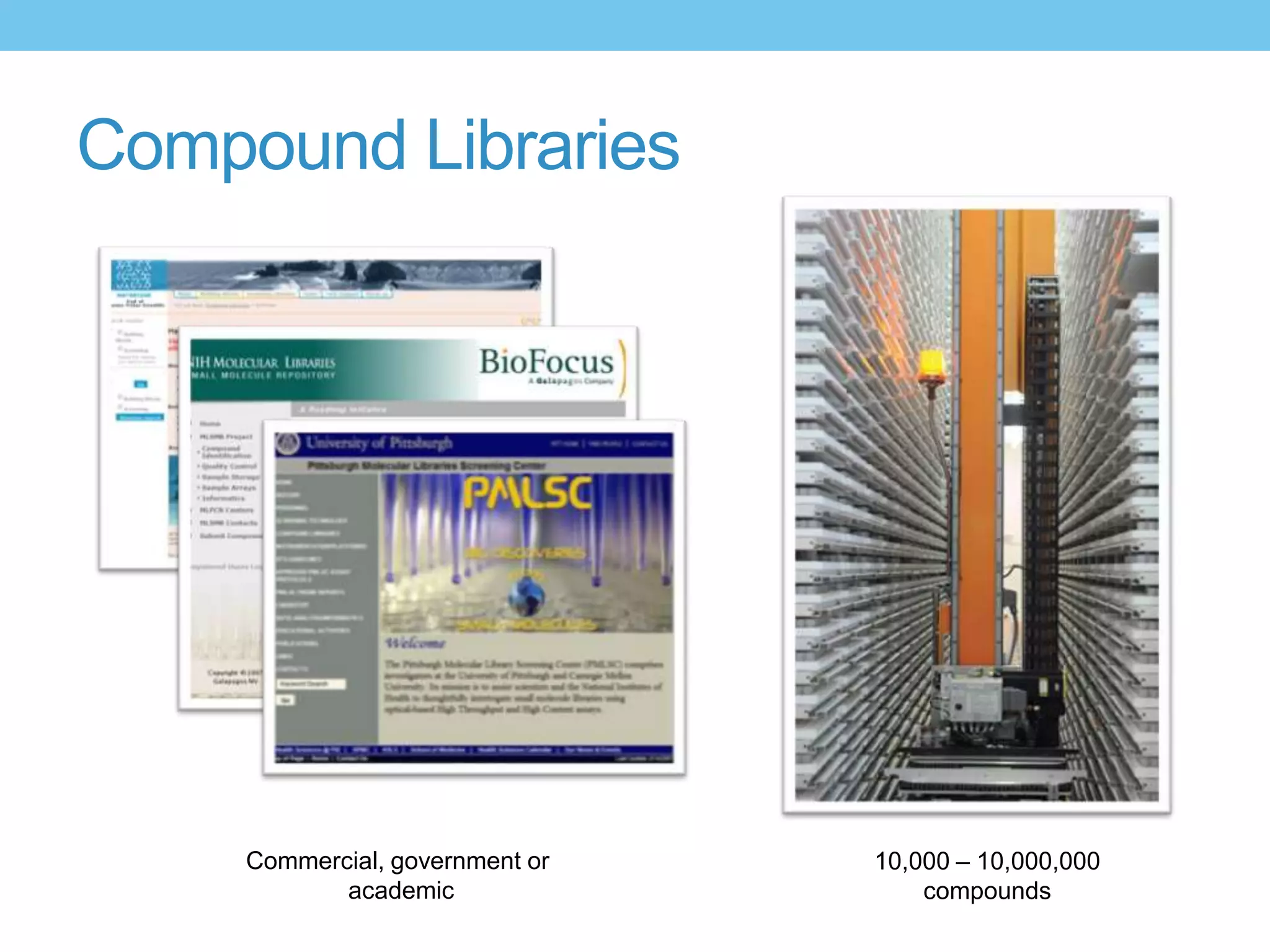 Compound Libraries




     Commercial, government or   10,000 – 10,000,000
            academic                 compounds
 