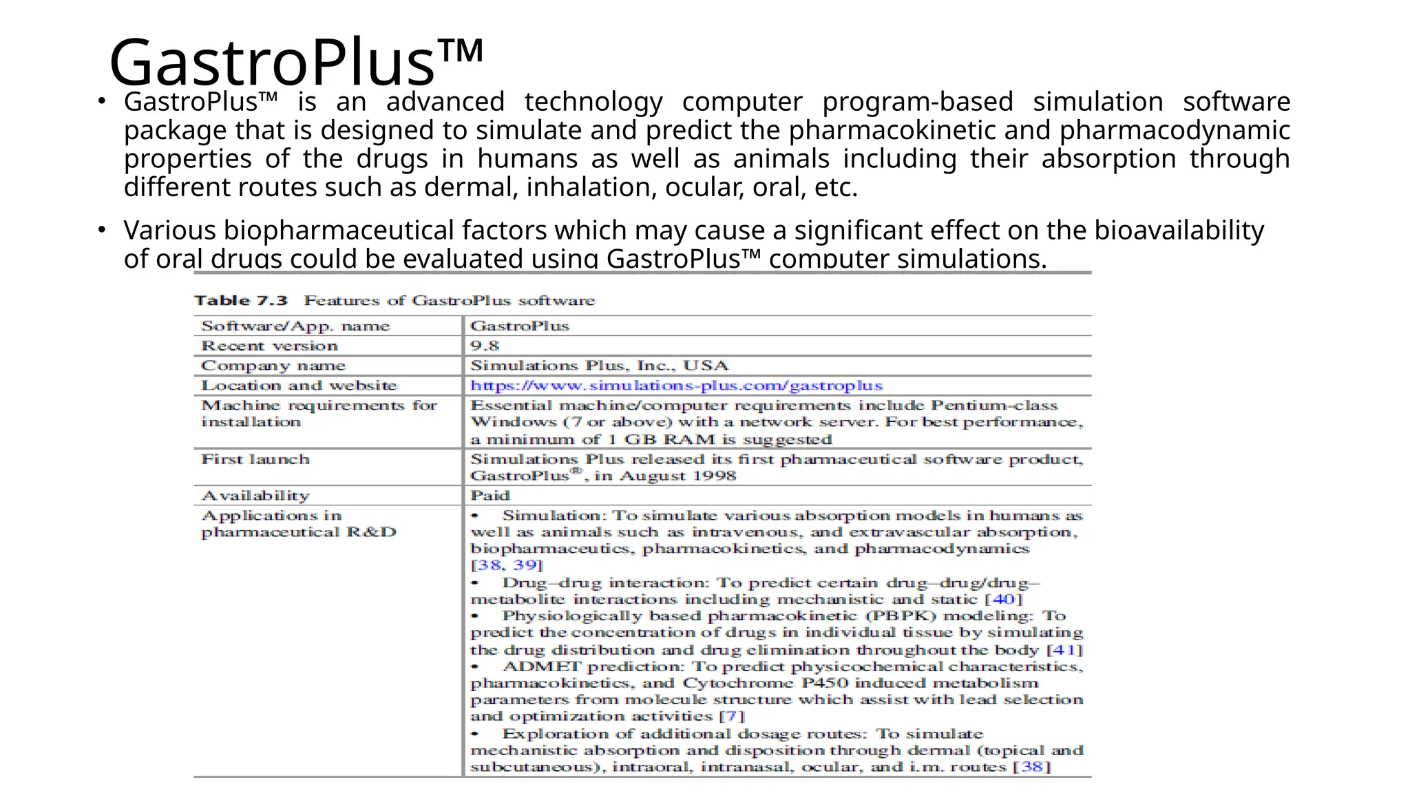 GastroPlus™
• GastroPlus™ is an advanced technology computer program-based simulation software
package that is designed to simulate and predict the pharmacokinetic and pharmacodynamic
properties of the drugs in humans as well as animals including their absorption through
different routes such as dermal, inhalation, ocular, oral, etc.
• Various biopharmaceutical factors which may cause a significant effect on the bioavailability
of oral drugs could be evaluated using GastroPlus™ computer simulations.
 