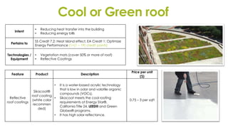 Cool or Green roof
Intent
• Reducing heat transfer into the building
• Reducing energy bills
Pertains to
SS Credit 7.2: Heat Island effect, EA Credit 1: Optimize
Energy Performance (1+(1 – 19) credit points)
Technologies /
Equipment
• Vegetation mats (cover 50% or more of roof)
• Reflective Coatings
Feature Product Description
Price per unit
($)
Reflective
roof coatings
Sikacoat®
roof coating
(white color
recommen
ded)
• It is a water-based acrylic technology
that is low in odor and volatile organic
compounds (VOCs).
• Sikacoat meets the cool roofing
requirements of Energy Star®,
California Title 24, LEED® and Green
Globes® programs.
• It has high solar reflectance.
0.75 – 3 per sqft
 