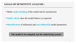 GOALS OF SENSITIVITY ANALYSIS :
• Better understanding of the model and its mechanisms
• Sanity check: does the model behave as expected
• Identification of influential and non-influential model parameters.
The model is investigated, not the underlying system!
26
 