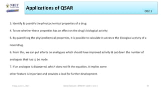 Applications of QSAR CO1
CO2.1
Friday, June 11, 2021 Abhijit Debnath | BP807ET-CADD | Unit-2 39
3. Identify & quantify the physicochemical properties of a drug
4. To see whether these properties has an effect on the drug's biological activity.
5. By quantifying the physicochemical properties, it is possible to calculate in advance the biological activity of a
novel drug.
6. From this, we can put efforts on analogues which should have improved activity & cut down the number of
analogues that has to be made.
7. If an analogue is discovered, which does not fit the equation, it implies some
other feature is important and provides a lead for further development.
 