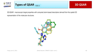 Types of QSAR 3D QSAR
CO1
CO2.1
Friday, June 11, 2021 Abhijit Debnath | BP807ET-CADD | Unit-2 68
3D-QSAR : macroscopic target properties with computed atom-based descriptors derived from the spatial 3D
representation of the molecular structures
 