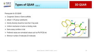 Types of QSAR 3D QSAR
CO1
CO2.1
Friday, June 11, 2021 Abhijit Debnath | BP807ET-CADD | Unit-2 69
Prerequisite for 3D QSAR
 Congeneric Series or Same scaffolds
 atleast > 2 R group substituents
 Activity diversity should be more than 3 log scale
 Uniform mechanism of action or binding mode
 Same assay condition or lab
 Preferred values are normalized values such as Pki,PIC50 etc
 Minimum number of molecules 25 molecules
 