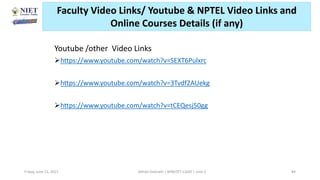 Youtube /other Video Links
https://www.youtube.com/watch?v=SEXT6Pulxrc
https://www.youtube.com/watch?v=3Tvdf2AUekg
https://www.youtube.com/watch?v=tCEQesj50gg
Friday, June 11, 2021 Abhijit Debnath | BP807ET-CADD | Unit-2 84
Faculty Video Links/ Youtube & NPTEL Video Links and
Online Courses Details (if any)
 