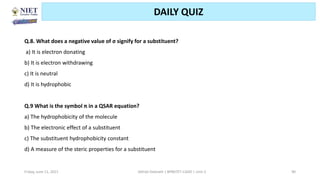 Friday, June 11, 2021 Abhijit Debnath | BP807ET-CADD | Unit-2 90
DAILY QUIZ
Q.8. What does a negative value of σ signify for a substituent?
a) It is electron donating
b) It is electron withdrawing
c) It is neutral
d) It is hydrophobic
Q.9 What is the symbol π in a QSAR equation?
a) The hydrophobicity of the molecule
b) The electronic effect of a substituent
c) The substituent hydrophobicity constant
d) A measure of the steric properties for a substituent
 