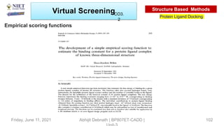 Abhijit Debnath | BP807ET-CADD |
Friday, June 11, 2021 102
Empirical scoring functions
Virtual Screening
Protein Ligand Docking
Structure Based Methods
CO3.
2
 
