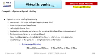 Gint Grot Gt /r Gvib
• Ligand-receptor binding is driven by
• electrostatics (including hydrogen bonding interactions)
• dispersion or vander Waalsforces
• hydrophobic interactions
• desolvation: surfaces buried between the protein and the ligand haveto be desolvated
• Conformational changesto protein and ligand
• ligand must be properly orientated and translated to interact and form acomplex
• loss of entropy of the ligand due to being fixed in one conformation
• Free energy of binding
Gbind Gsolvent Gconf
Energetics of protein-ligand binding
Virtual Screening
Protein Ligand Docking
Structure Based Methods
Friday, June 11, 2021 Abhijit Debnath | BP807ET-CADD | Unit-3 121
CO3.2
 