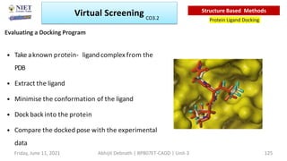• Take aknown protein- ligand complex from the
PDB
• Extract the ligand
• Minimise the conformation of the ligand
• Dock back into the protein
• Compare the docked pose with the experimental
data
Evaluating a Docking Program
Virtual Screening
Protein Ligand Docking
Structure Based Methods
Friday, June 11, 2021 Abhijit Debnath | BP807ET-CADD | Unit-3 125
CO3.2
 