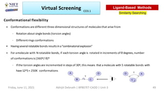 Conformational flexibility
• Conformations are different three-dimensional structures of moleculesthat arise from
– Rotation about single bonds (torsion angles)
– Different rings conformations
• Havingseveralrotatable bonds results ina“combinatorialexplosion”
• For amolecule with N rotatable bonds, if each torsion angle is rotated in increments of θ degrees, number
of conformations is (360º/ θ)N
– If the torsion anglesare incremented in steps of 30º, this means that a molecule with 5 rotatable bonds with
have 12^5≈ 250K conformations
Virtual Screening
Similarity Searching
Ligand-Based Methods
Friday, June 11, 2021 Abhijit Debnath | BP807ET-CADD | Unit-3 49
CO3.1
 